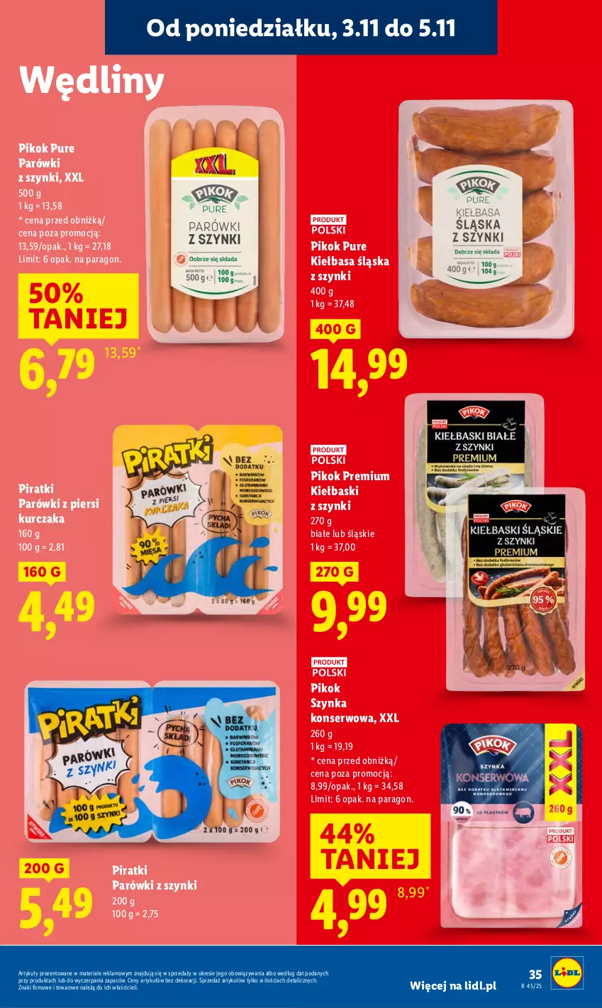 Gazetka promocyjna Lidl - GAZETKA - ważna 03.11 do 05.11.2025 - strona 37 - produkty: Kiełbasa, Kiełbasa śląska, Kurczak, Parówki, Parówki z piersi kurczaka, Parówki z szynki, PIKOK, Pur, Ser, Szynka, Szynka konserwowa