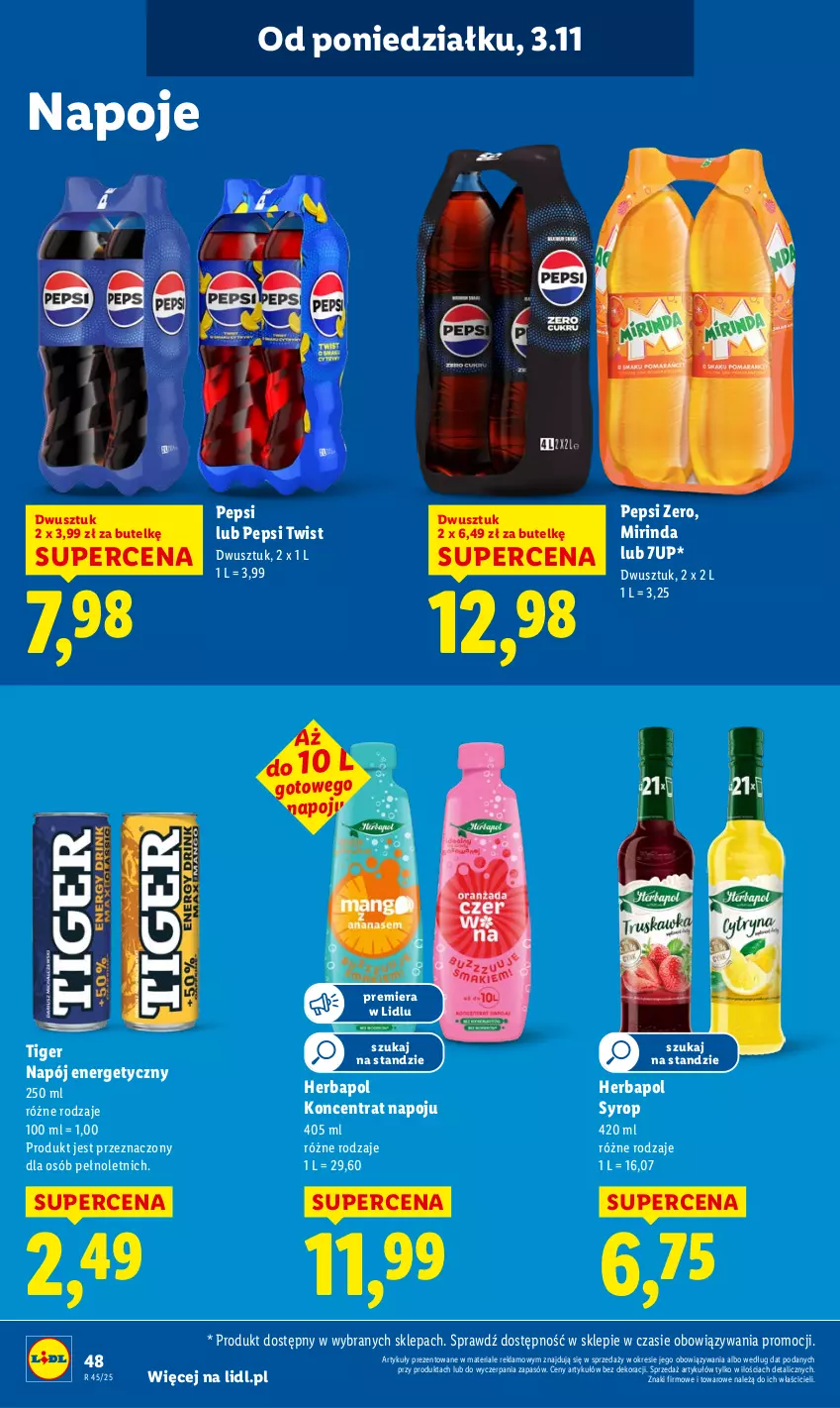 Gazetka promocyjna Lidl - GAZETKA - ważna 03.11 do 05.11.2025 - strona 50 - produkty: 7up, Herbapol, Mirinda, Napój, Napój energetyczny, Napoje, Pepsi, Syrop, Tiger