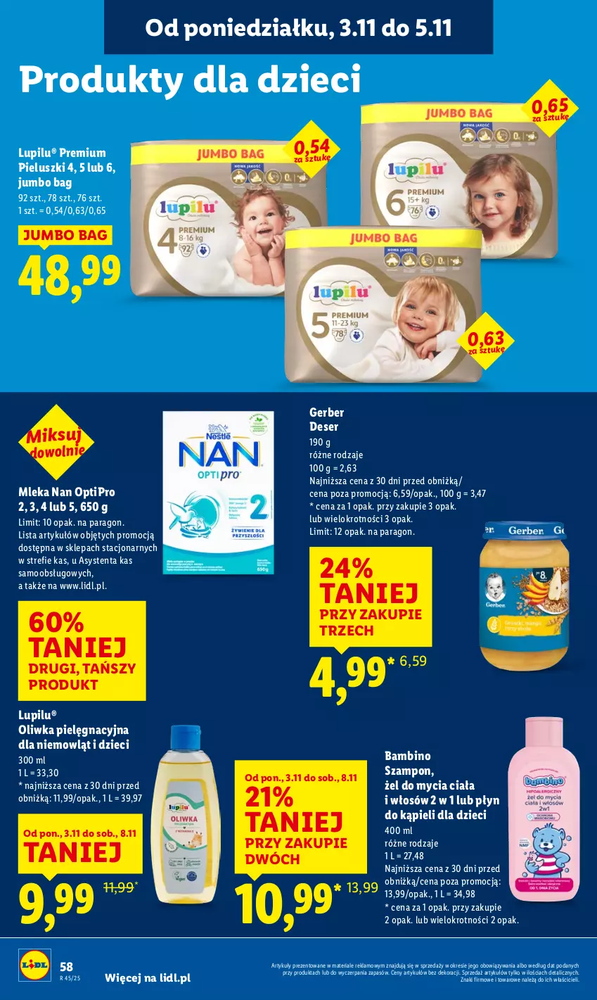 Gazetka promocyjna Lidl - GAZETKA - ważna 03.11 do 05.11.2025 - strona 60 - produkty: Deser, Dzieci, Gerber, NAN Optipro, O Bag, Płyn do kąpieli, Ser, Szampon