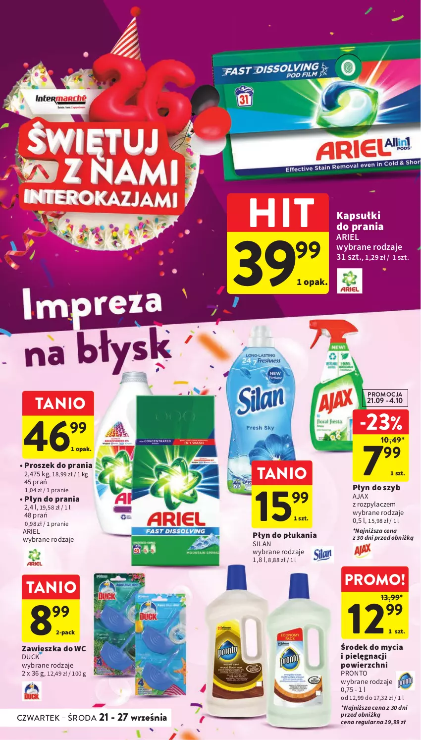 Gazetka promocyjna Intermarche - Gazetka Intermarche - ważna 21.09 do 27.09.2023 - strona 42 - produkty: Ajax, Ariel, Duck, Kapsułki do prania, Płyn do płukania, Płyn do prania, Płyn do szyb, Pronto, Proszek do prania, Silan, Zawieszka do wc