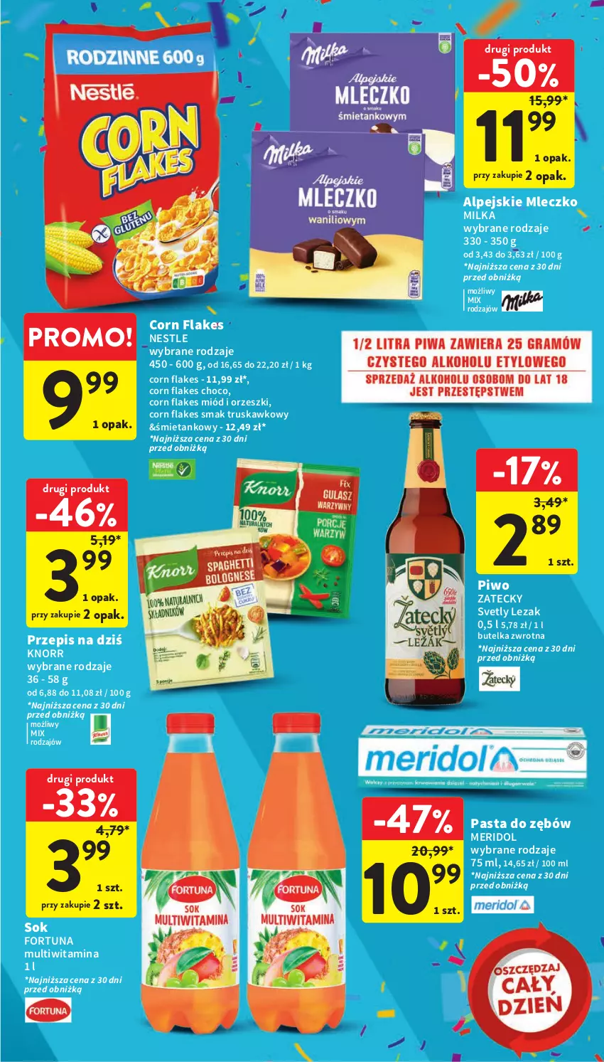 Gazetka promocyjna Intermarche - Gazetka Intermarche - ważna 21.09 do 27.09.2023 - strona 47 - produkty: Corn flakes, Fortuna, Knorr, Milka, Miód, Mleczko, Orzeszki, Pasta do zębów, Piwo, Sok