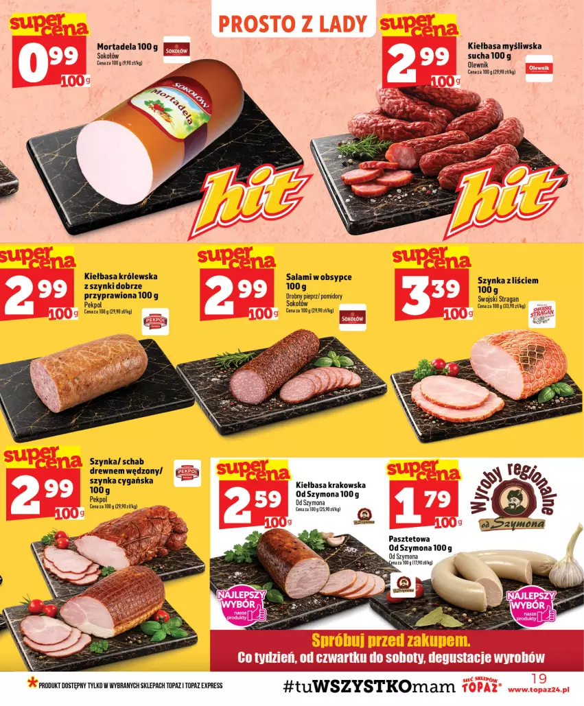 Gazetka promocyjna Topaz - Gazetka - ważna 23.07 do 29.07.2026 - strona 19 - produkty: Kiełbasa, Kiełbasa krakowska, Olewnik, Pasztet, Pekpol, Pieprz, Pomidory, Salami, Sok, Sokołów, Szynka, Top