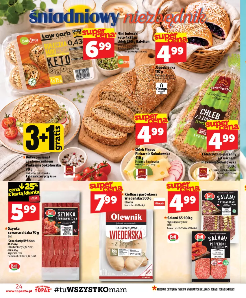 Gazetka promocyjna Topaz - Gazetka - ważna 23.07 do 29.07.2026 - strona 24 - produkty: Bell, Kiełbasa, Olewnik, Salami, Sok, Sos, Szynka, Top