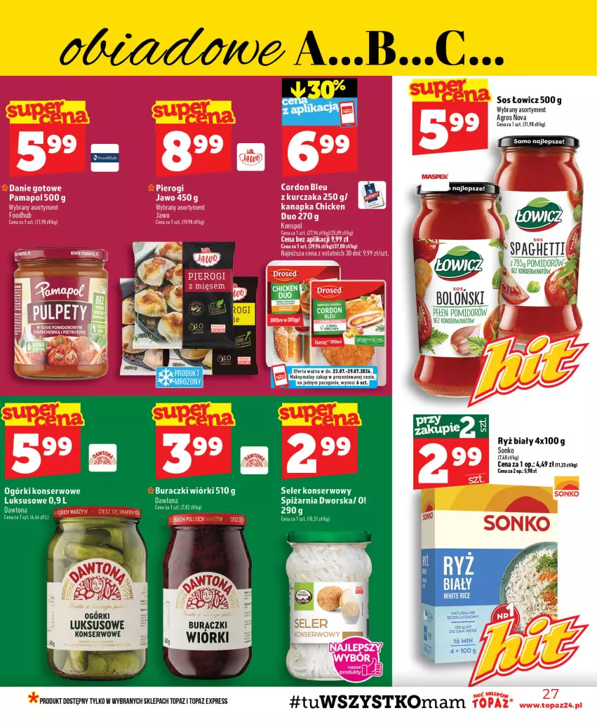 Gazetka promocyjna Topaz - Gazetka - ważna 23.07 do 29.07.2026 - strona 27 - produkty: Buraczki, Dawtona, Fa, Ryż, Ryż biały, Ser, Sonko, Sos, Top