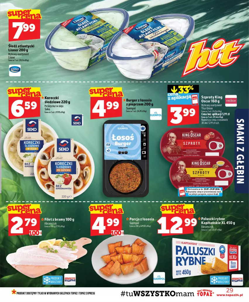 Gazetka promocyjna Topaz - Gazetka - ważna 23.07 do 29.07.2026 - strona 29 - produkty: Lisner, Olej, Paluszki rybne, Pieprz, Por, SEKO, Ser, Sos, Suempol, Szprot, Top