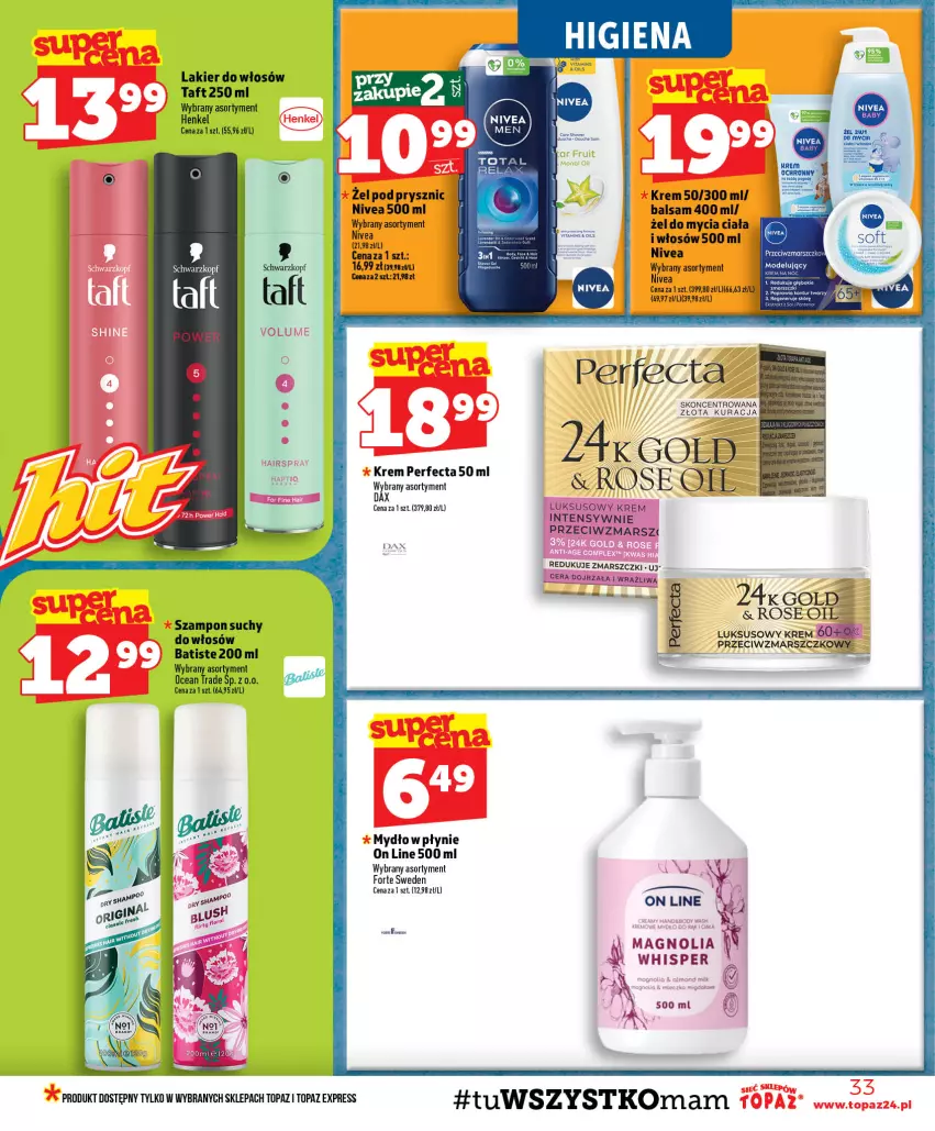Gazetka promocyjna Topaz - Gazetka - ważna 23.07 do 29.07.2026 - strona 33 - produkty: Batiste, DAX, Fa, Lakier, Lakier do włosów, Mars, Mydło, Mydło w płynie, Nivea, Schwarzkopf, Szampon, Taft, Top