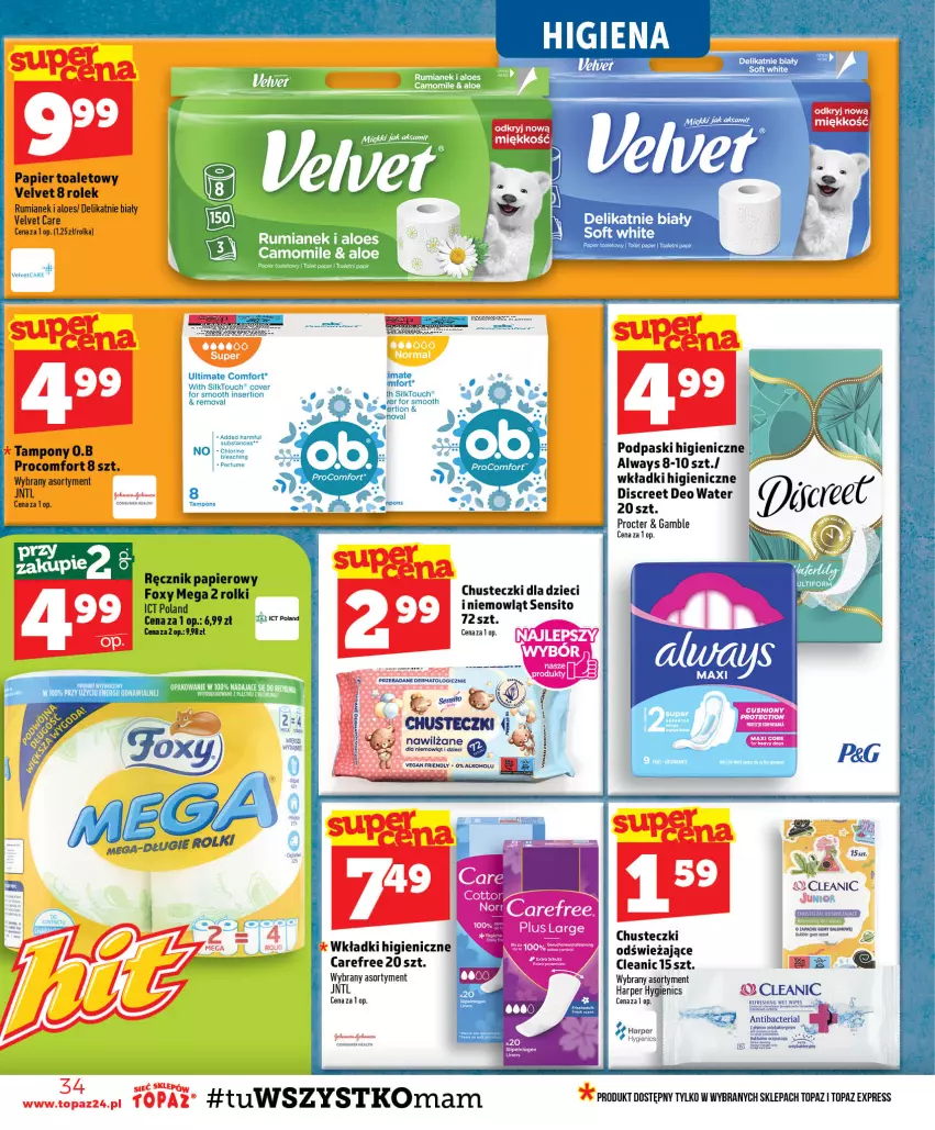Gazetka promocyjna Topaz - Gazetka - ważna 23.07 do 29.07.2026 - strona 34 - produkty: Always, Carefree, Chusteczki, Cleanic, Discreet, Dzieci, Foxy, Papier, Papier toaletowy, Podpaski, Rolki, Rum, Ser, Sito, Tampony, Top, Velvet, Wagi, Wkładki