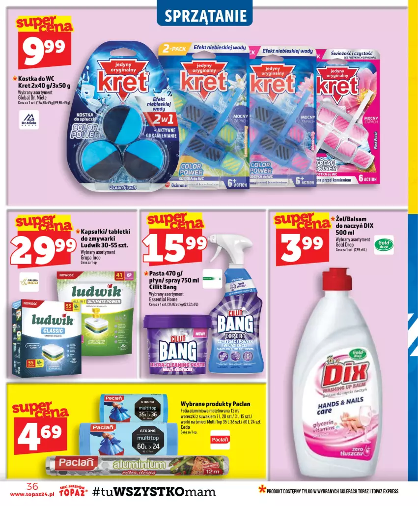 Gazetka promocyjna Topaz - Gazetka - ważna 23.07 do 29.07.2026 - strona 36 - produkty: Cillit Bang, Kostka do wc, Kret, Ludwik, Tablet, Tabletki do zmywarki, Top, Zmywarki
