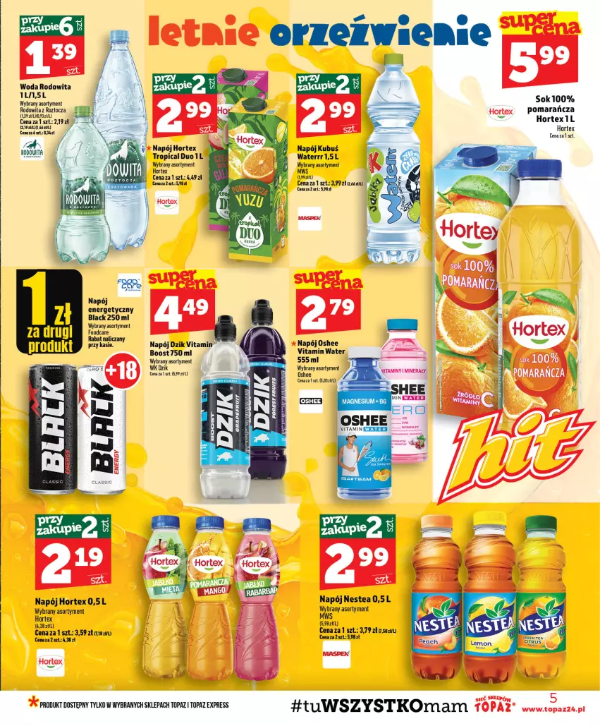 Gazetka promocyjna Topaz - Gazetka - ważna 23.07 do 29.07.2026 - strona 5 - produkty: Gra, Hortex, Kubuś, Lack, Napój, Napój energetyczny, Nestea, Oshee, Por, Top, Tropical, Woda
