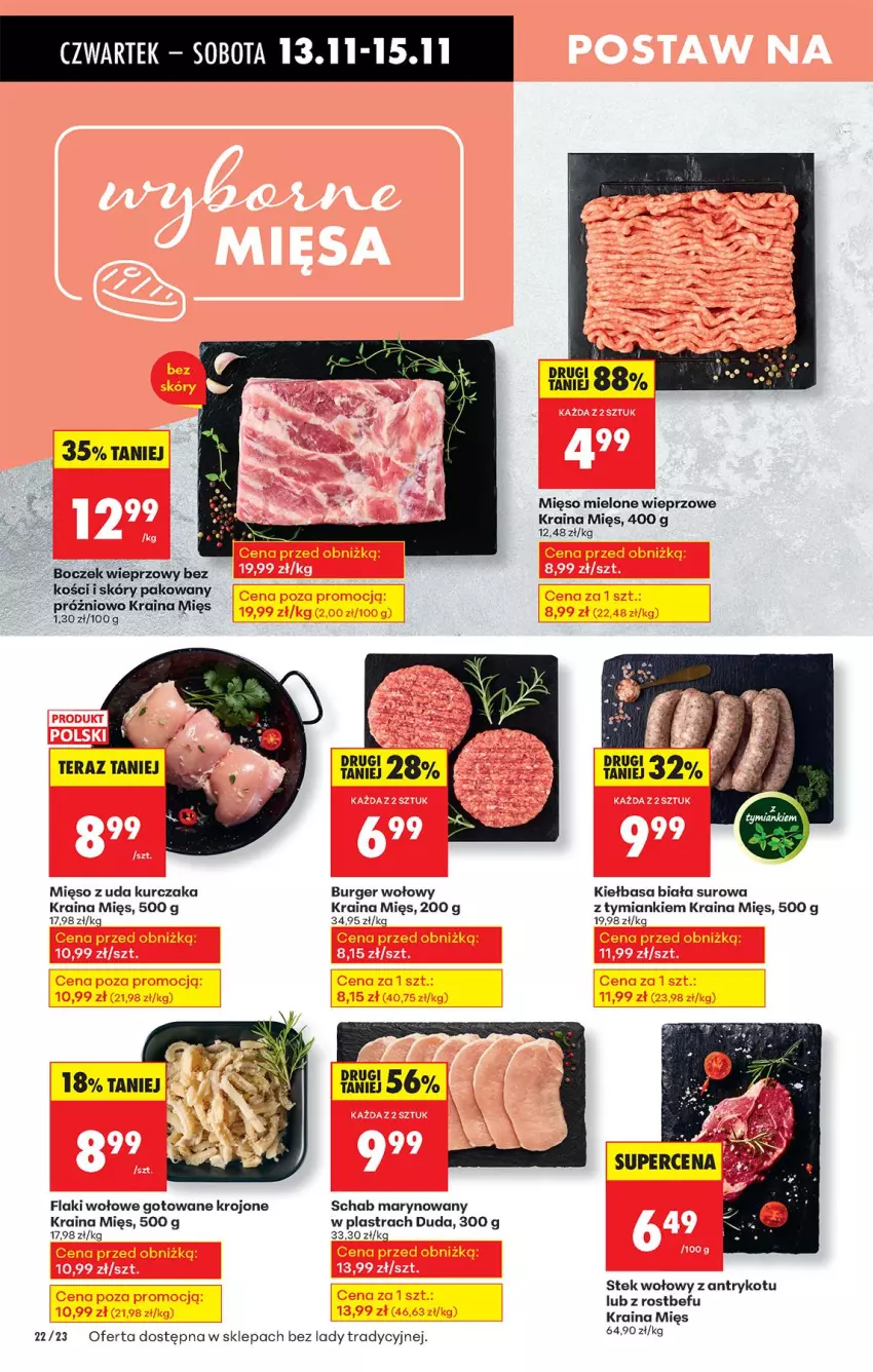 Gazetka promocyjna Biedronka - Od Czwartku - ważna 13.11 do 19.11.2025 - strona 26 - produkty: Boczek, Boczek wieprzowy, Burger, Duda, Flaki, Flaki wołowe, Kiełbasa, Kiełbasa biała, Kurczak, Mięso, Mięso mielone, Mięso z uda kurczaka, Rostbef, Stek, Stek wołowy
