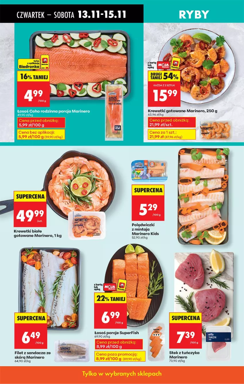 Gazetka promocyjna Biedronka - Od Czwartku - ważna 13.11 do 19.11.2025 - strona 28 - produkty: Filet z sandacza, Krewetki, Mintaj, Por, Sandacz, Stek, Tuńczyk