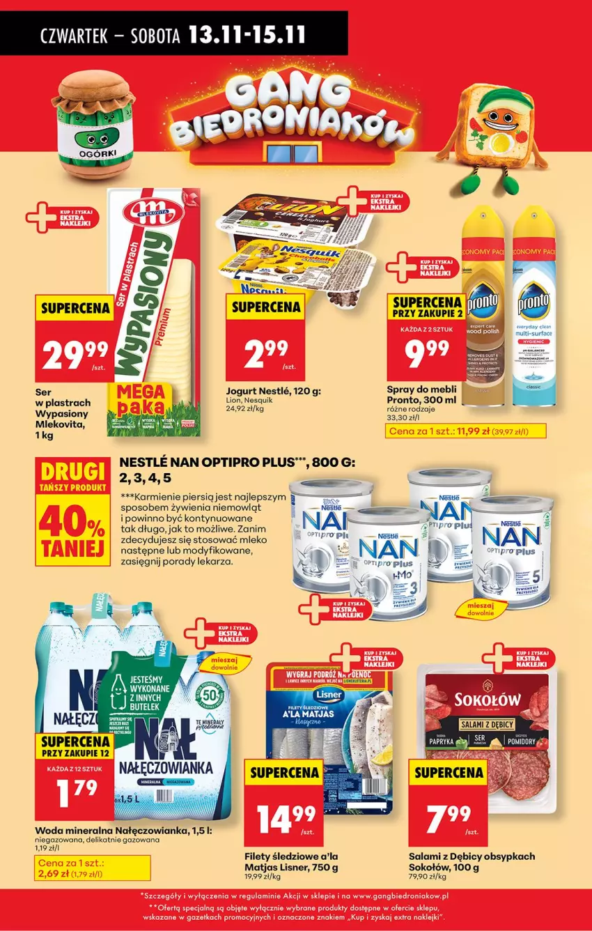 Gazetka promocyjna Biedronka - Od Czwartku - ważna 13.11 do 19.11.2025 - strona 38 - produkty: BIC, Fa, Gra, Jogurt, Karmi, Lion, Lisner, Matjas, Mleko, Mlekovita, Nałęczowianka, NAN Optipro, Nesquik, O nas, Por, Pronto, Salami, Ser, Sok, Sokołów, Surf, Woda, Woda mineralna