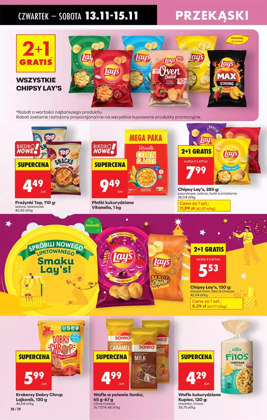Gazetka promocyjna Biedronka - Od Czwartku - ważna 13.11 do 19.11.2025 - strona 52 - produkty: Beko, Cheddar, Chipsy, Krakersy, Kupiec, Lajkonik, Mus, Piec, Por, Sonko, Top, Wafle