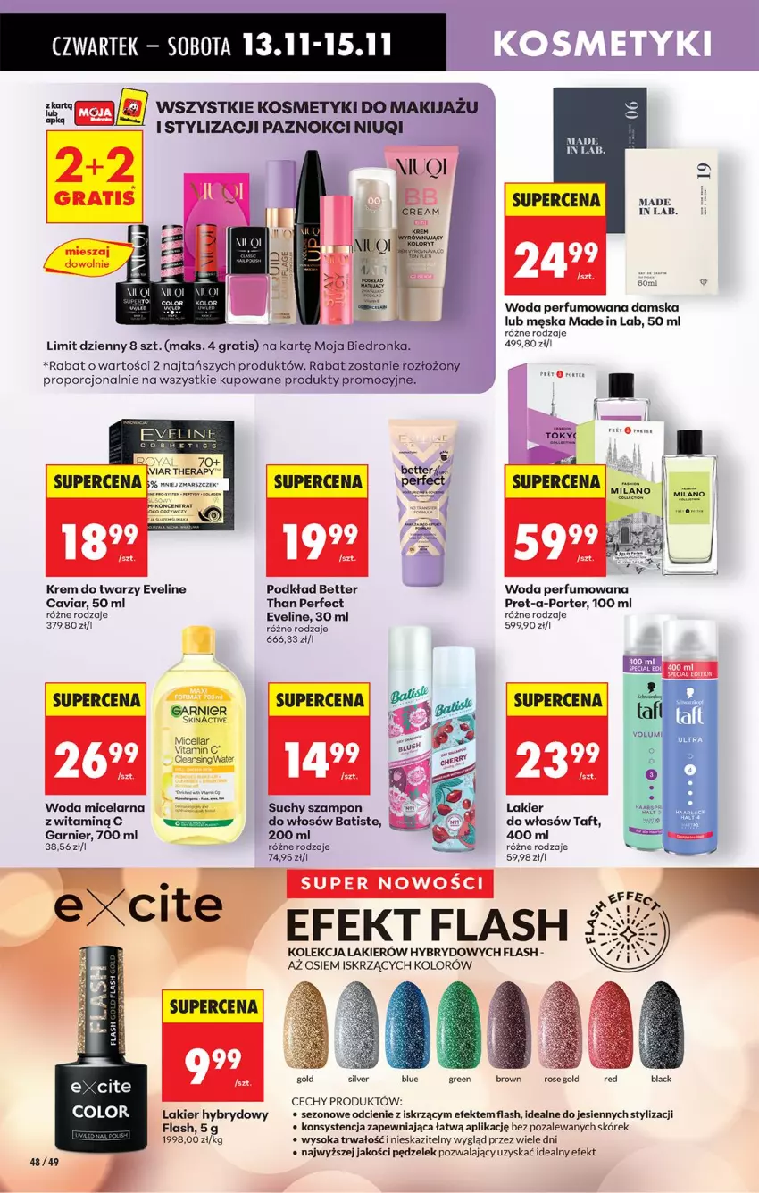 Gazetka promocyjna Biedronka - Od Czwartku - ważna 13.11 do 19.11.2025 - strona 72 - produkty: Batiste, Eveline, Garnier, Gra, Krem do twarzy, Lakier, Lakier do włosów, Lakier hybrydowy, Makijaż, Niuqi, Perfum, Podkład, Por, Sok, Suchy szampon, Szampon, Taft, Woda, Woda micelarna, Woda perfumowana