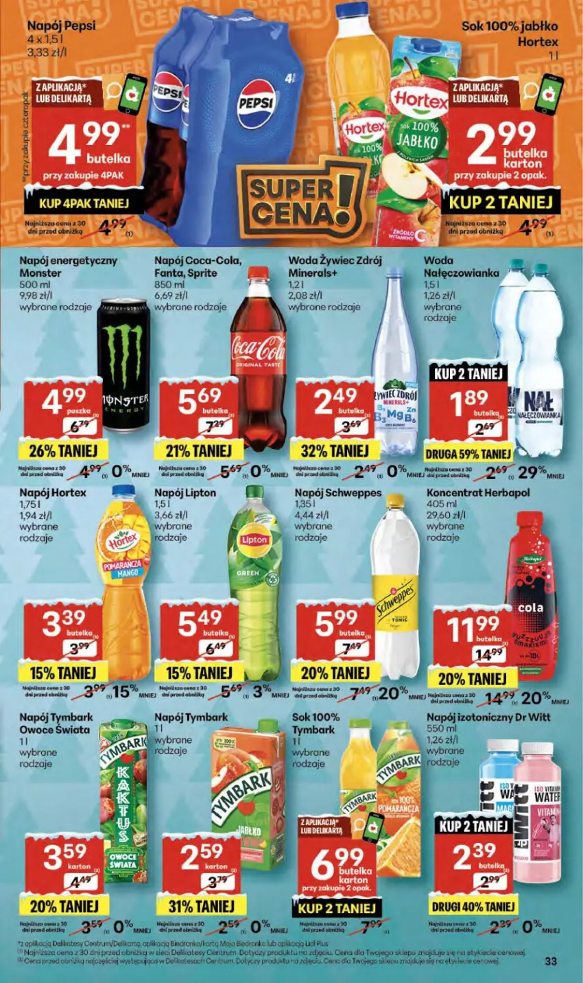 Gazetka promocyjna Delikatesy Centrum - Franczyza DC51 Czwartek - ważna 18.12 do 23.12.2025 - strona 33 - produkty: Coca-Cola, Fa, Fanta, Herbapol, Hortex, Koc, Lipton, Napój, Napój energetyczny, Owoce, Rum, Schweppes, Sprite, Tymbark, Woda