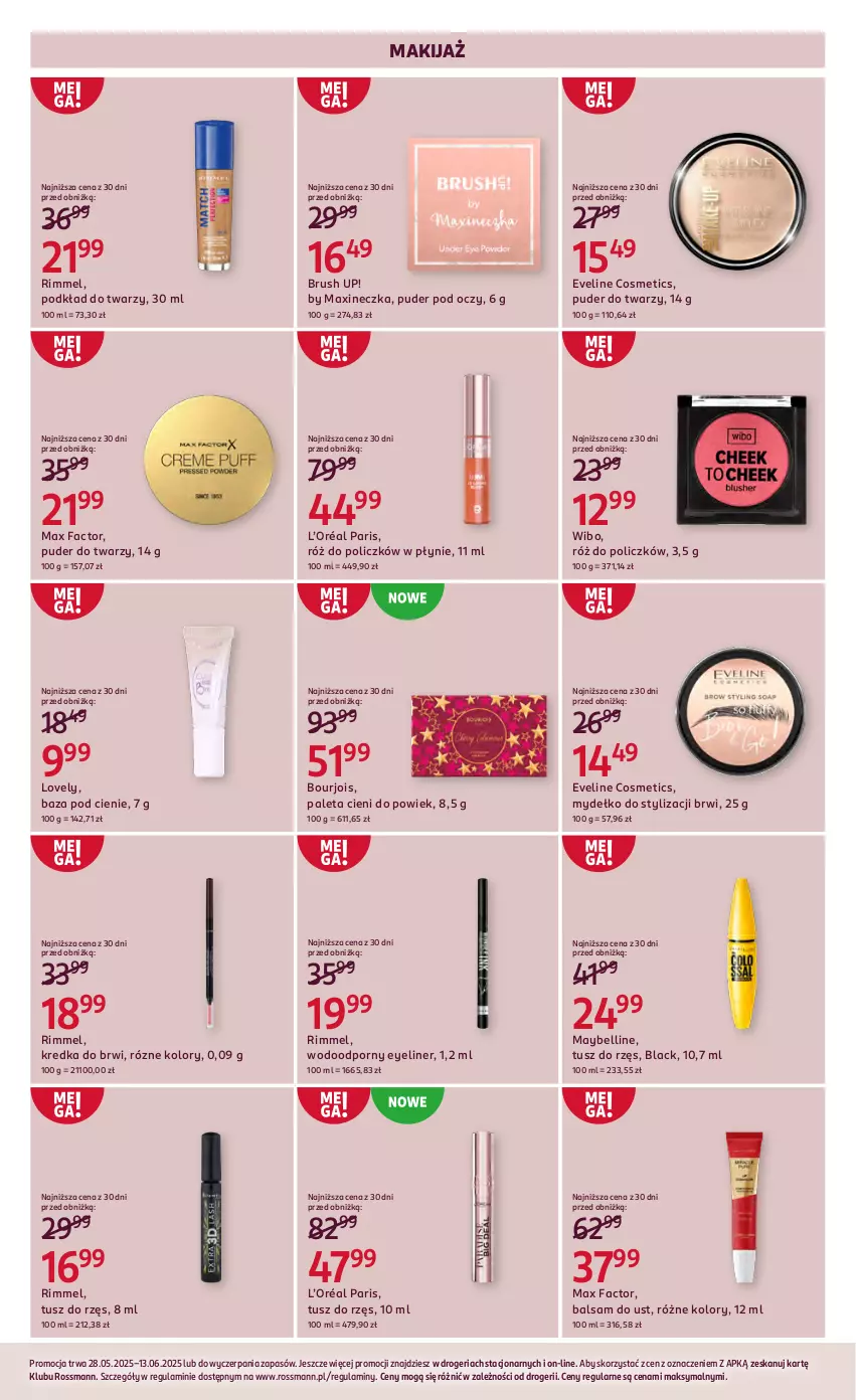 Gazetka promocyjna Rossmann - 28 maja - ważna 28.05 do 13.06.2025 - strona 10 - produkty: Balsam do ust, Bell, Bourjois, Eveline, Fa, Kredka, Kredka do brwi, L’Oréal, Lack, Lovely, Makijaż, Max Factor, Maybelline, Paleta, Podkład, Podkład do twarzy, Por, Puder, Puder do twarzy, Róż do policzków, Tusz, Wibo