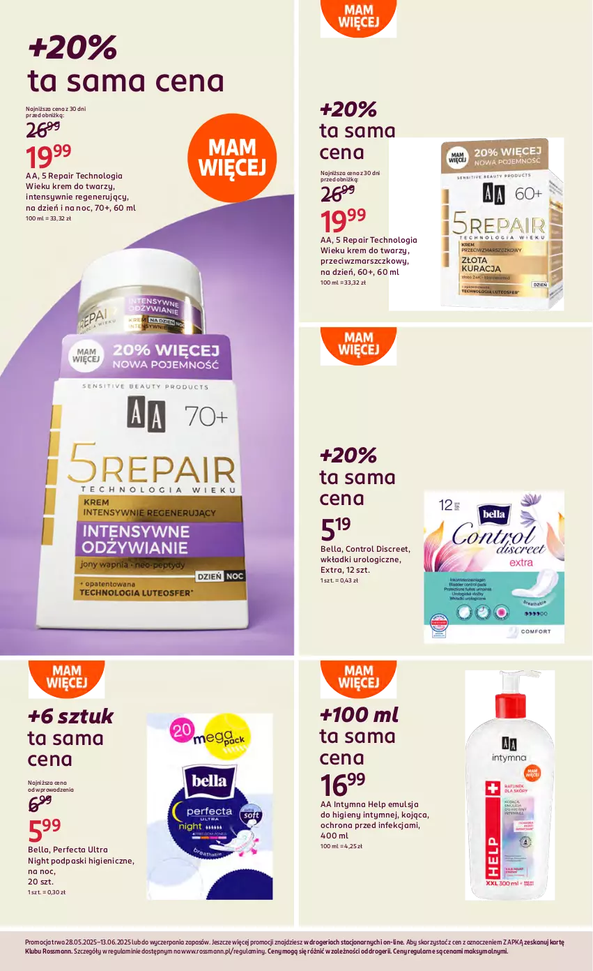Gazetka promocyjna Rossmann - 28 maja - ważna 28.05 do 13.06.2025 - strona 22 - produkty: Bell, Bella, Control, Discreet, Emulsja, Krem do twarzy, Mars, Perfecta, Podpaski, Wkładki, Wkładki urologiczne
