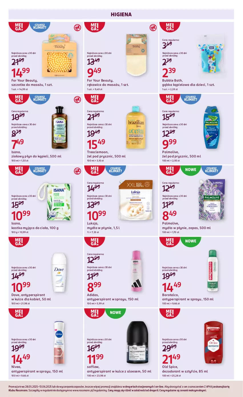 Gazetka promocyjna Rossmann - 28 maja - ważna 28.05 do 13.06.2025 - strona 3 - produkty: Adidas, Antyperspirant, Dezodorant, Dove, Dzieci, For Your Beauty, Isana, Kostka myjąca, Luksja, Mydło, Mydło w płynie, Nivea, Old Spice, Palmolive, Płyn do kąpieli, Szczotka