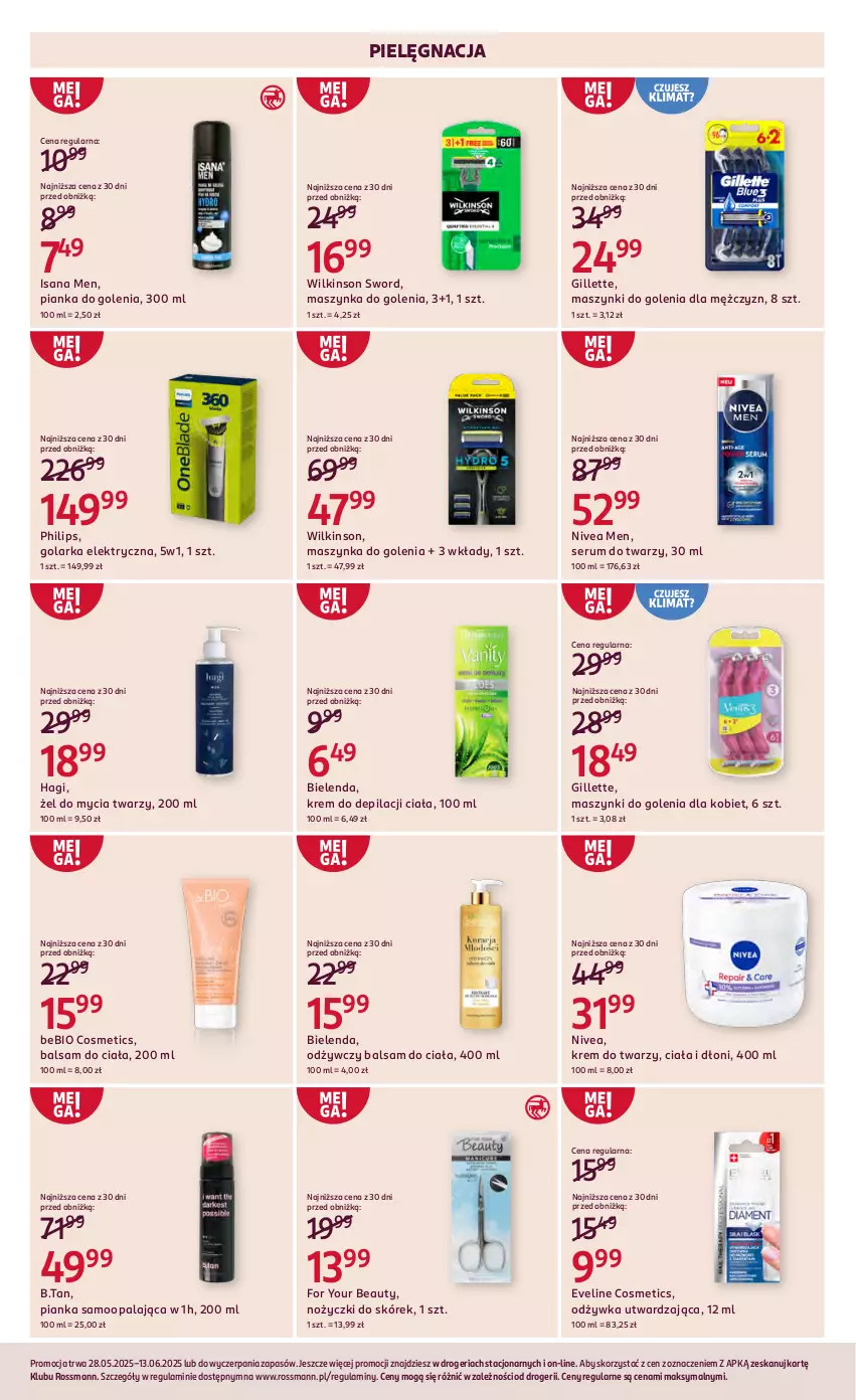 Gazetka promocyjna Rossmann - 28 maja - ważna 28.05 do 13.06.2025 - strona 5 - produkty: Balsam do ciała, Bielenda, Eveline, For Your Beauty, Gillette, Golarka, Isana, Krem do depilacji, Krem do twarzy, Maszynka, Maszynka do golenia, Nivea, Nivea Men, Noż, Nożyczki, Odżywka, Philips, Pianka do golenia, Rum, Ser, Serum, Serum do twarzy, Szynka, Wilkinson Sword