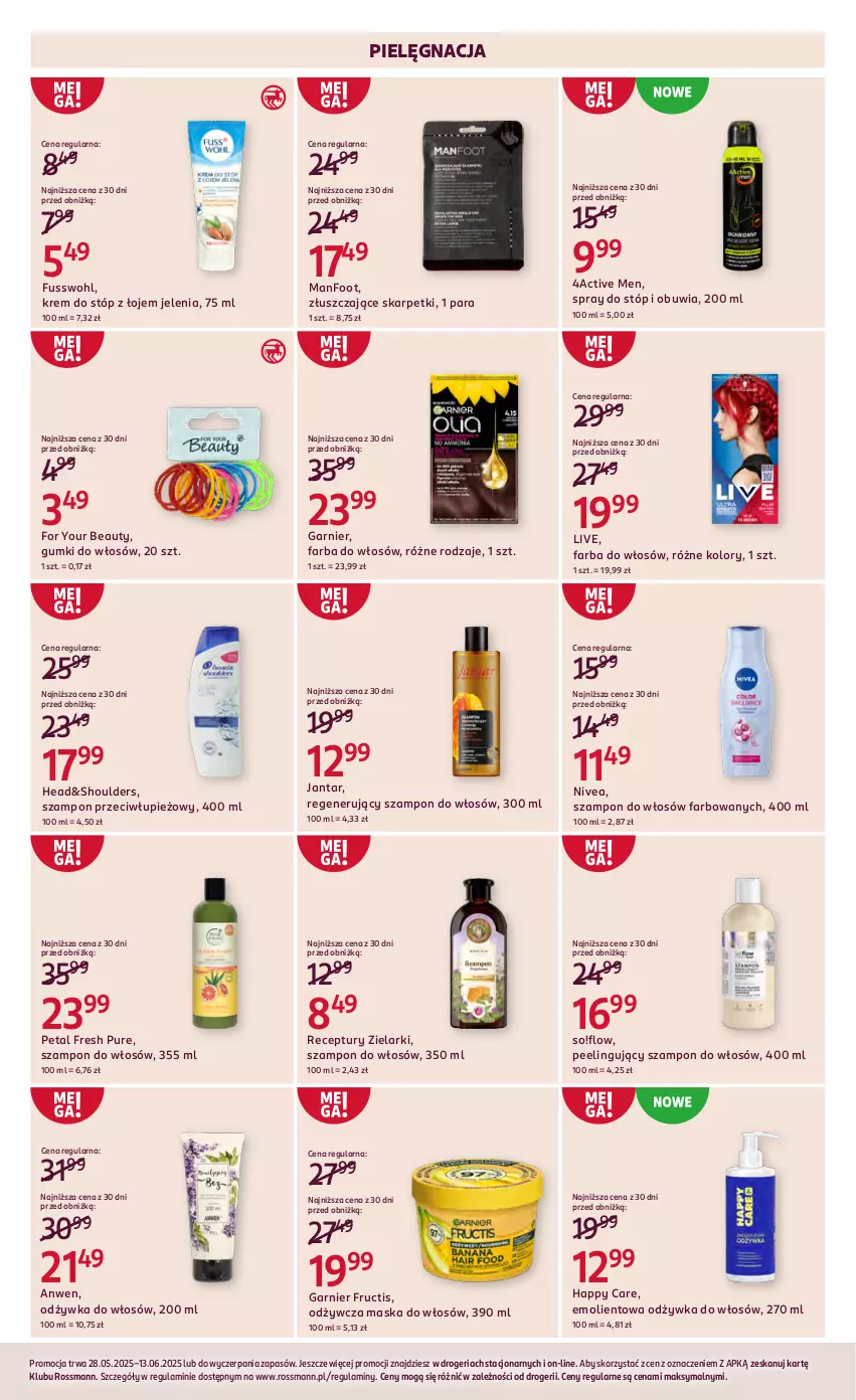 Gazetka promocyjna Rossmann - 28 maja - ważna 28.05 do 13.06.2025 - strona 6 - produkty: Fa, Farba do włosów, For Your Beauty, Fructis, Garnier, Karp, Krem do stóp, Maska, Maska do włosów, Nivea, Odżywka, Peeling, Petal Fresh, Pur, Skarpetki, Szampon