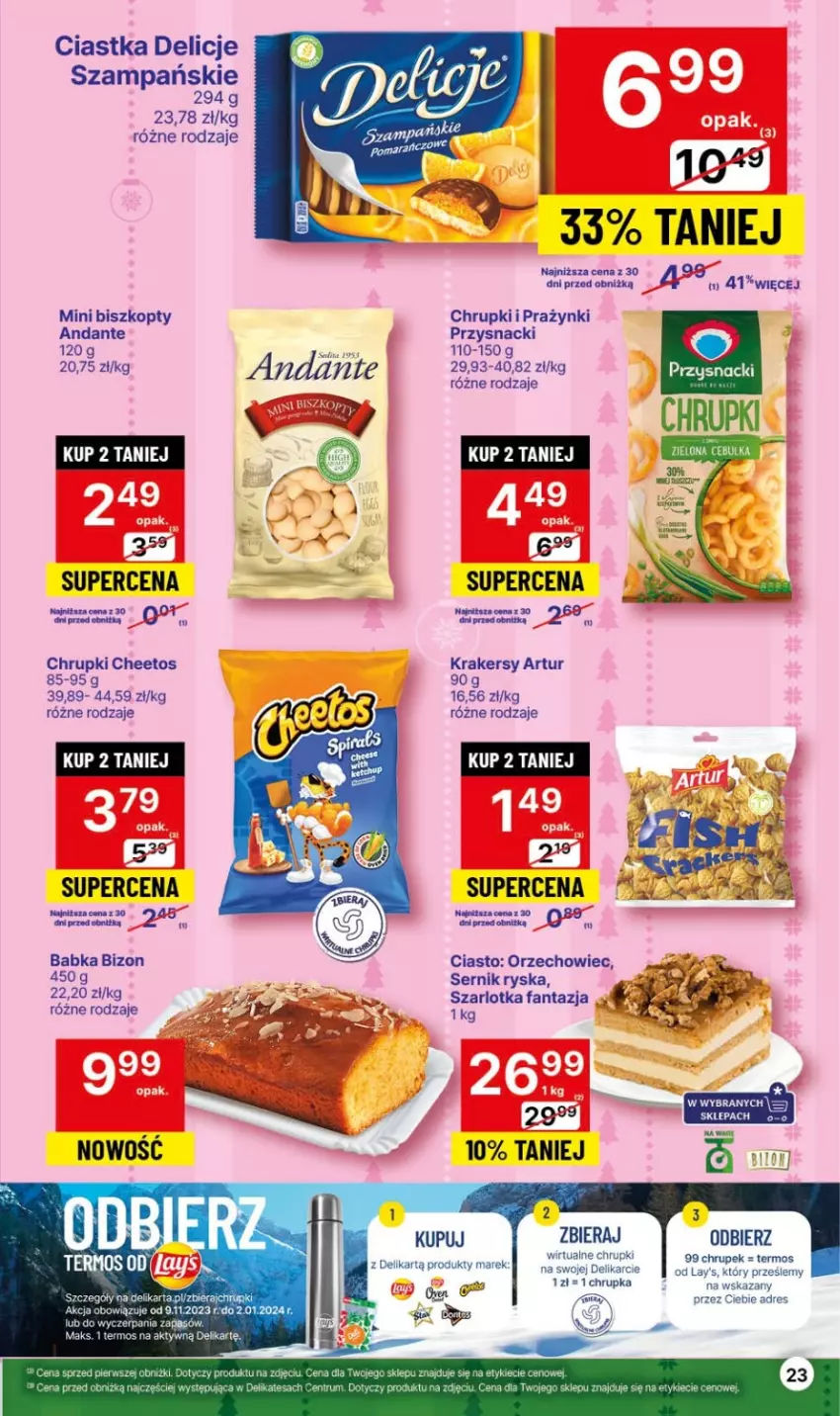 Gazetka promocyjna Delikatesy Centrum - Gazetka DC45 czw-sr - ważna 16.11 do 22.11.2023 - strona 23 - produkty: Acer, Artur, Babka, Biszkopty, Cheetos, Chrupki, Ciastka, Delicje, Dres, Fa, Fanta, Krakersy, Przysnacki, Rum, Ser, Szarlotka, Termos