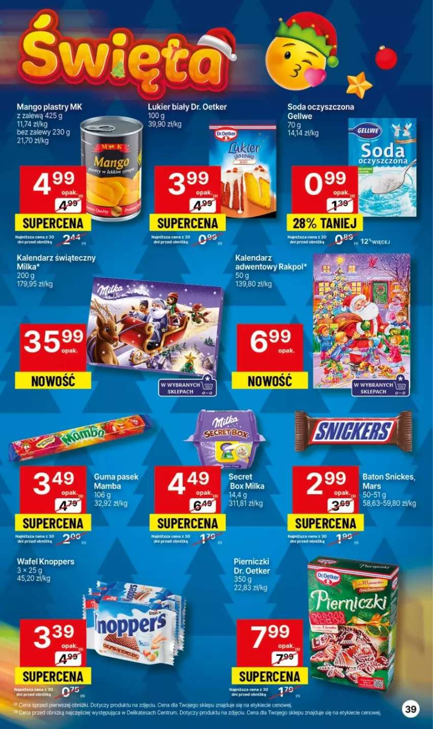 Gazetka promocyjna Delikatesy Centrum - Gazetka DC45 czw-sr - ważna 16.11 do 22.11.2023 - strona 39 - produkty: Dr. Oetker, Kalendarz, Knoppers, Mango, Milka, Soda oczyszczona