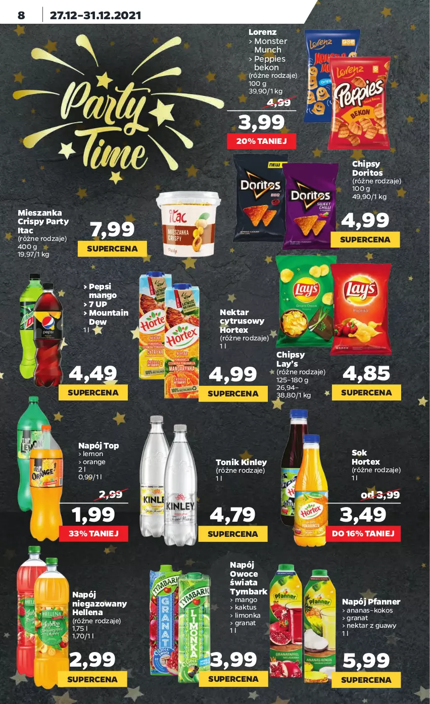 Gazetka promocyjna Netto - Gazetka spożywcza - ważna 27.12 do 31.12.2021 - strona 8 - produkty: Ananas, Beko, Chipsy, Fa, Gra, Granat, Hellena, Hortex, Kaktus, Kokos, Lay’s, Limonka, Lorenz, Mango, Monster Munch, Napój, Napój niegazowany, Nektar, Owoce, Pepsi, Sok, Tonik, Top, Tymbark