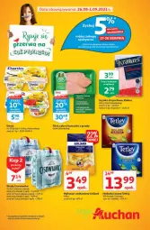 Gazetka promocyjna Auchan - Rysuje się przerwa na coś pysznego Moje Auchan - Gazetka - ważna od 01.09 do 01.09.2021 - strona 1 - produkty: Kurczak, Makaron, Krakus, Por, Goliard, Herbata czarna, Szynka, Tetley, Sport, Danio, Woda, Herbata, Cisowianka