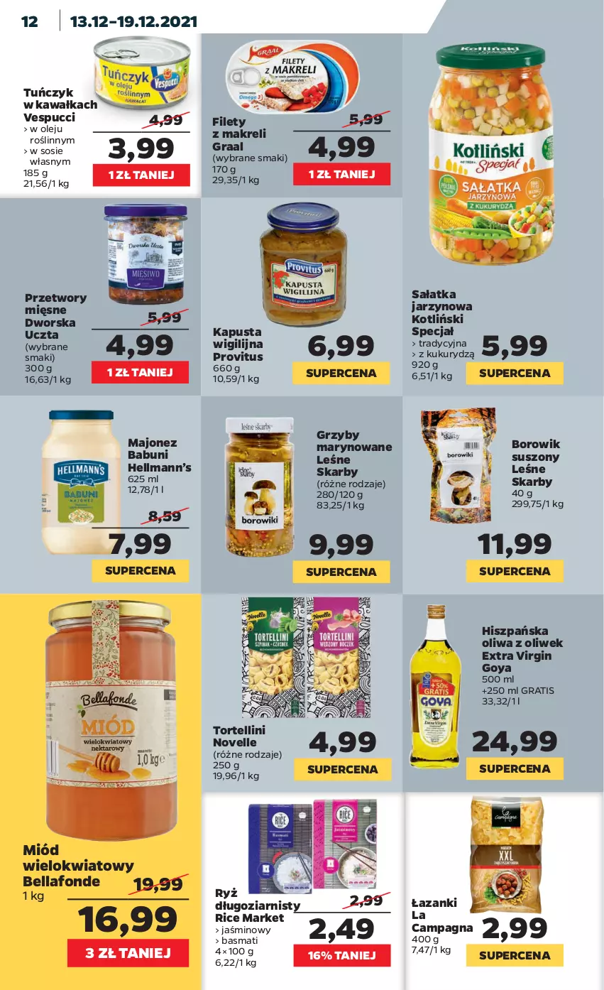 Gazetka promocyjna Netto - Gazetka spożywcza - ważna 13.12 do 19.12.2021 - strona 12 - produkty: Babuni, Bell, Bella, Gin, Gra, Graal, Grzyby, Grzyby marynowane, Hellmann’s, Kawa, Majonez, Miód, Olej, Oliwa z oliwek, Ryż, Sałat, Sałatka, Sos, Tuńczyk