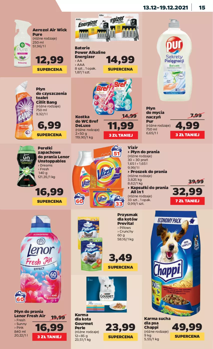 Gazetka promocyjna Netto - Gazetka spożywcza - ważna 13.12 do 19.12.2021 - strona 15 - produkty: Air Wick, Bref, Chappi, Cillit Bang, Do mycia naczyń, Energizer, Kapsułki do prania, Kostka do wc, Lenor, Perełki zapachowe, Płyn do mycia, Płyn do mycia naczyń, Płyn do prania, Proszek do prania, Pur, Stopp, Top, Vizir