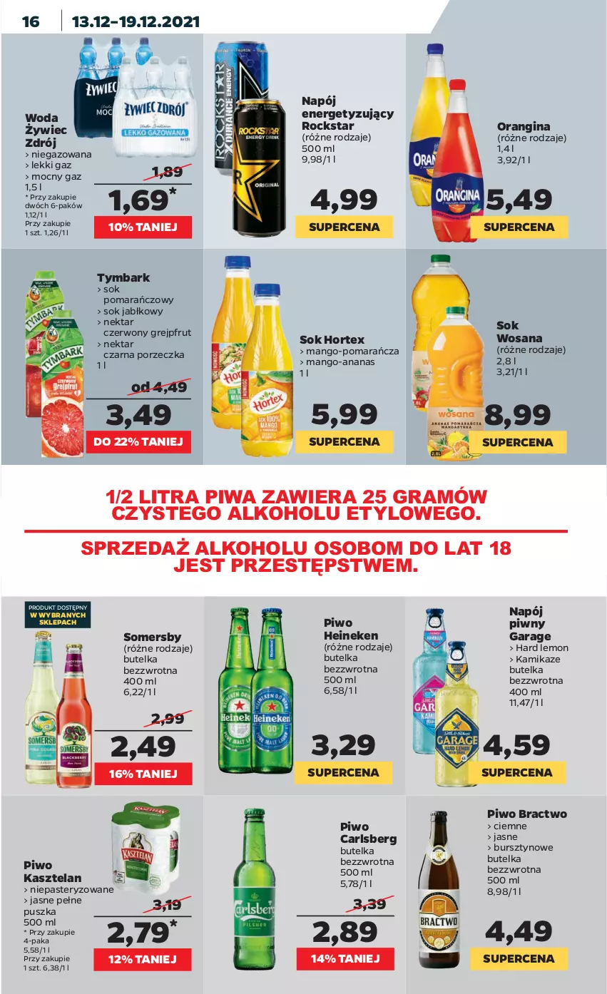 Gazetka promocyjna Netto - Gazetka spożywcza - ważna 13.12 do 19.12.2021 - strona 16 - produkty: Ananas, Bursztyn, Carlsberg, Gin, Gra, Grejpfrut, Heineken, Hortex, Kasztelan, Mango, Napój, Nektar, Piwa, Piwo, Por, Sok, Sok jabłkowy, Sok pomarańczowy, Somersby, Tymbark, Woda, Wosana