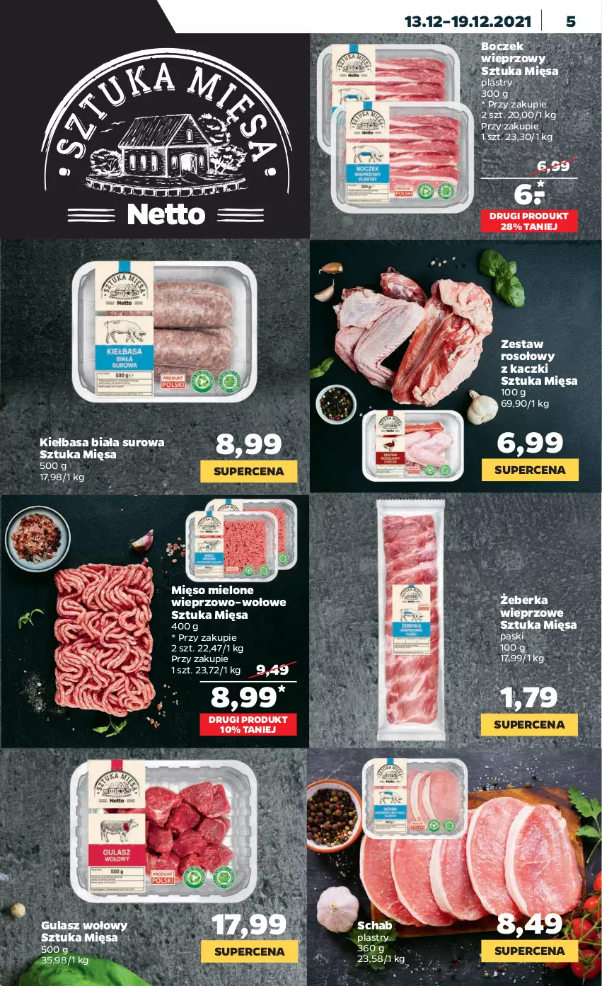 Gazetka promocyjna Netto - Gazetka spożywcza - ważna 13.12 do 19.12.2021 - strona 5 - produkty: Boczek, Boczek wieprzowy, Gulasz wołowy, Kiełbasa, Kiełbasa biała, Mięso, Mięso mielone, Zestaw rosołowy z kaczki