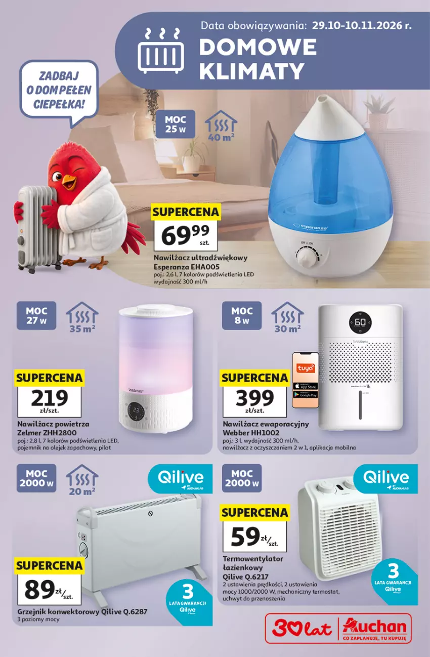 Gazetka promocyjna Auchan - 30 Lat Hipermarket Auchan Grzejnictwo - ważna 29.10 do 10.11.2026 - strona 1 - produkty: Grzejnik, Grzejnik konwektorowy, Mobil, Nawilżacz powietrza, Olej, Pojemnik, Por, Termos, Termowentylator, Zelmer