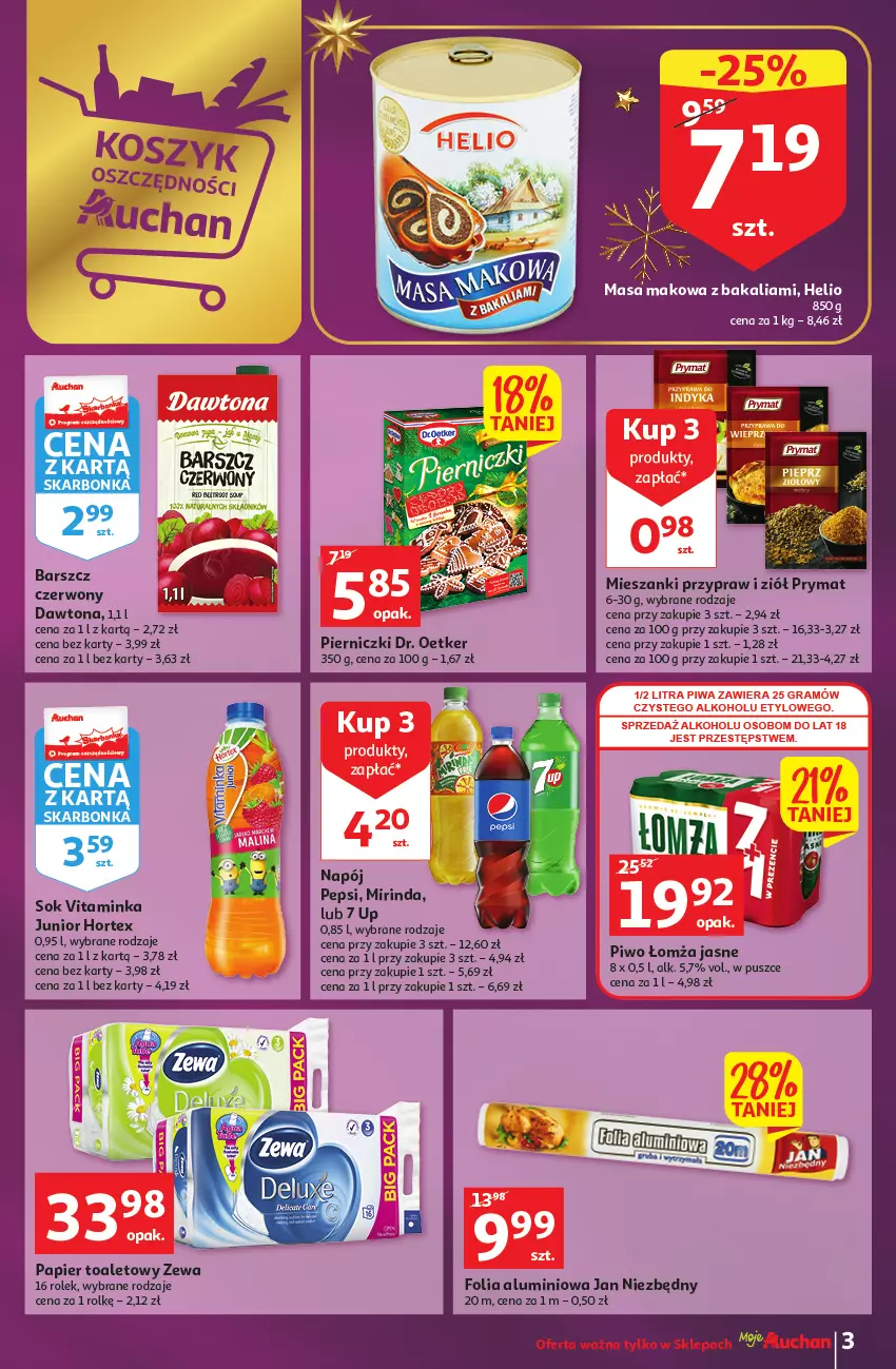 Gazetka promocyjna Auchan - Gazetka Magia Mikołajkowa Moje Auchan - ważna 01.12 do 07.12.2022 - strona 3 - produkty: Dawtona, Dr. Oetker, Folia aluminiowa, Helio, Hortex, Inka, Jan Niezbędny, Mirinda, Napój, Papier, Papier toaletowy, Pepsi, Piwo, Prymat, Sok