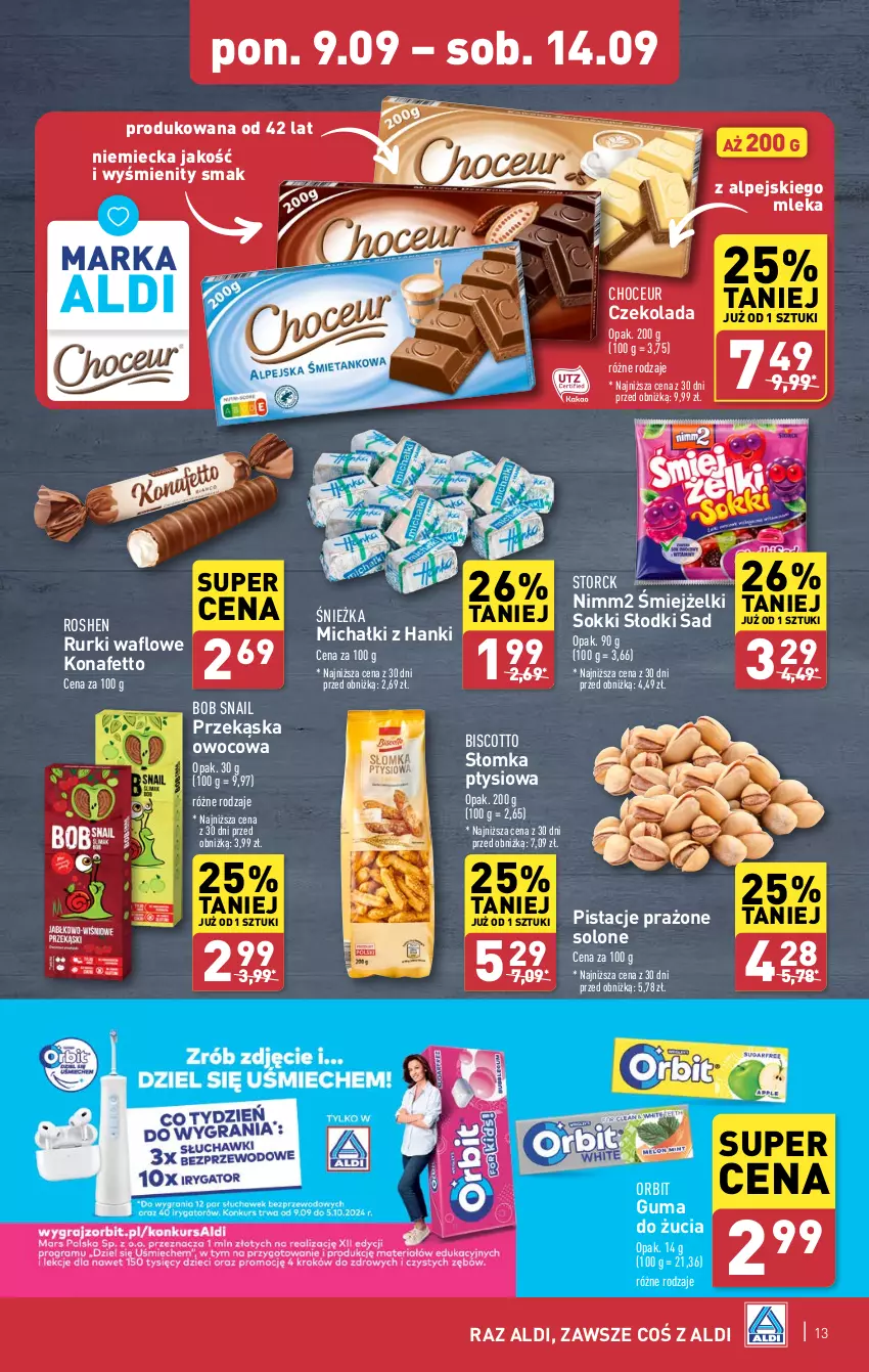 Gazetka promocyjna Aldi - Pełna oferta - ważna 09.09 do 14.09.2024 - strona 13 - produkty: Czekolada, Guma do żucia, Michałki, Nimm2, Orbit, Pistacje, Rurki, Sok