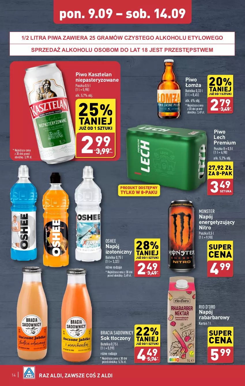 Gazetka promocyjna Aldi - Pełna oferta - ważna 09.09 do 14.09.2024 - strona 14 - produkty: Gra, Kasztelan, Lech Premium, Napój, Napój izotoniczny, Oshee, Piwa, Piwo, Sok