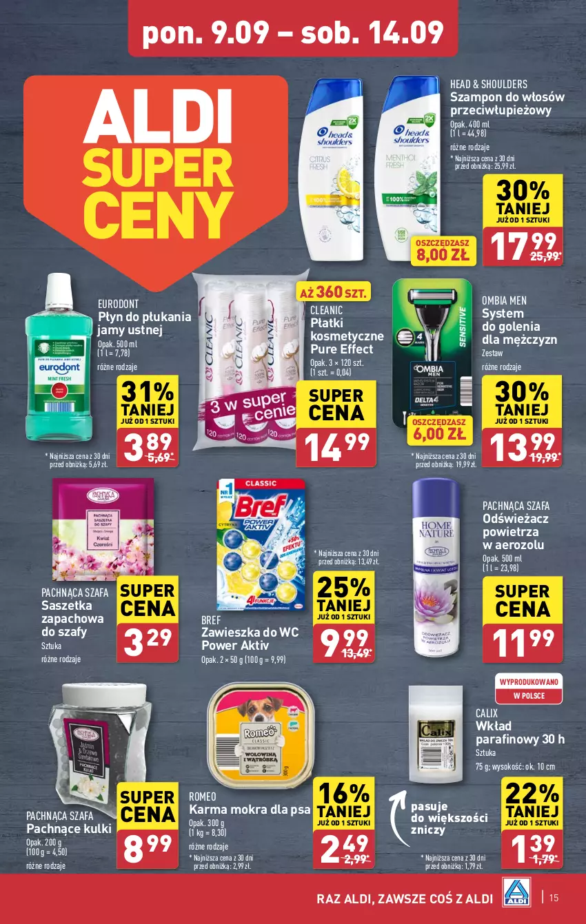 Gazetka promocyjna Aldi - Pełna oferta - ważna 09.09 do 14.09.2024 - strona 15 - produkty: Bref, Cleanic, Fa, Odświeżacz powietrza, Płatki kosmetyczne, Płyn do płukania, Płyn do płukania jamy ustnej, Pur, Sok, Szafa, Szampon, Zawieszka do wc, Znicz