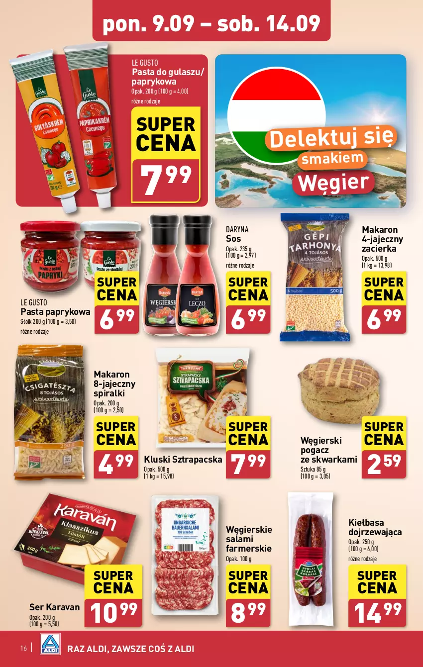 Gazetka promocyjna Aldi - Pełna oferta - ważna 09.09 do 14.09.2024 - strona 16 - produkty: Fa, Kiełbasa, Makaron, Salami, Ser, Sos, Warka, Zacierka