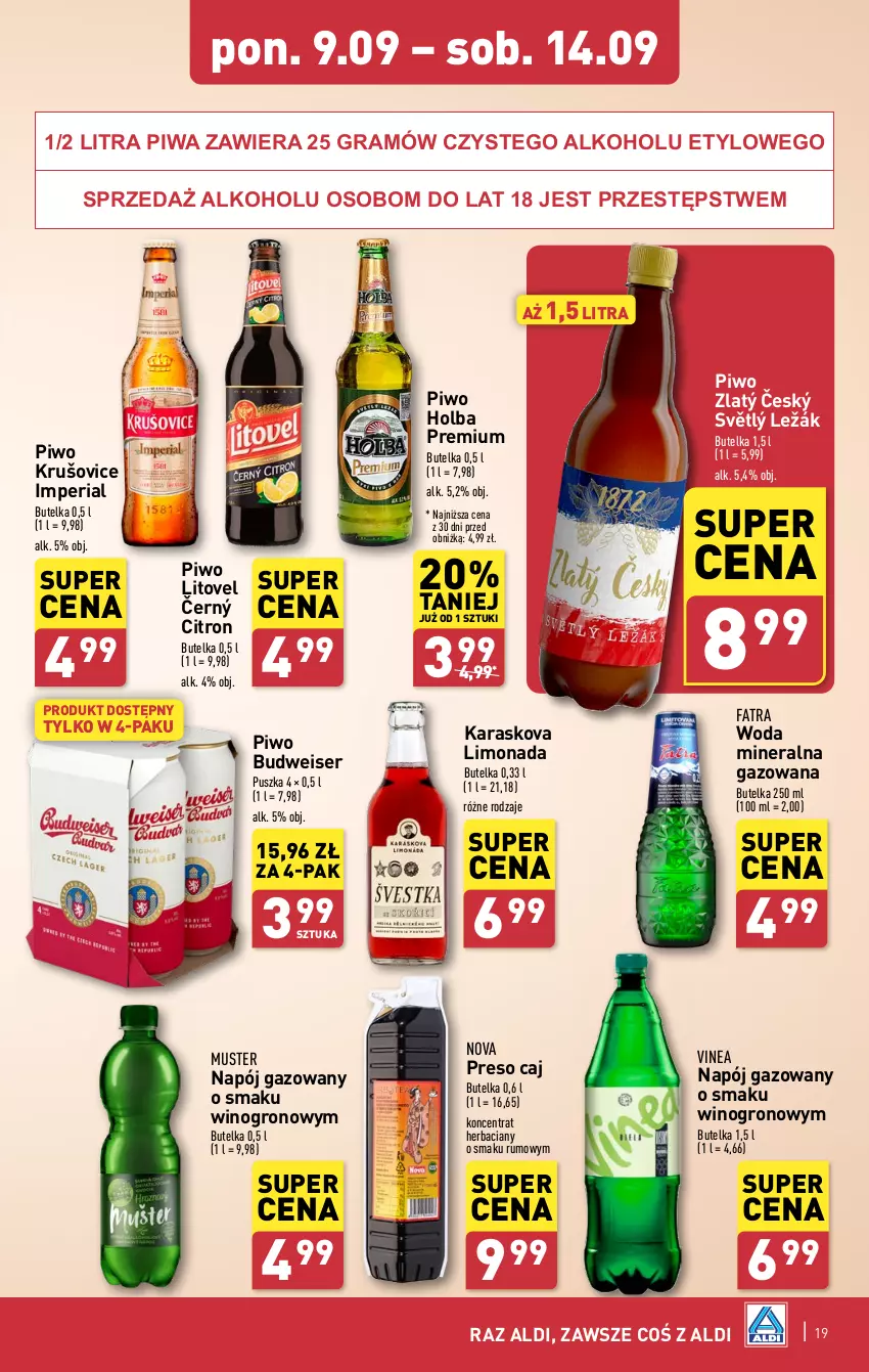 Gazetka promocyjna Aldi - Pełna oferta - ważna 09.09 do 14.09.2024 - strona 19 - produkty: Fa, Gra, Mus, Napój, Napój gazowany, Piwa, Piwo, Rum, Ser, Wino, Woda, Woda mineralna