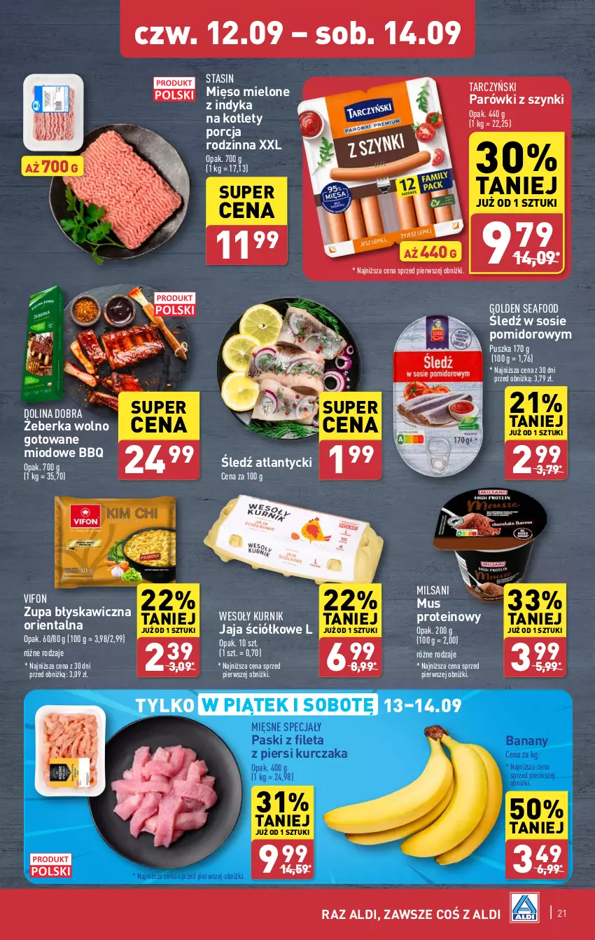 Gazetka promocyjna Aldi - Pełna oferta - ważna 09.09 do 14.09.2024 - strona 21 - produkty: Banany, Golden Seafood, Jaja, Kotlet, Kurczak, Mięsne specjały, Mięso, Mięso mielone, Mus, Parówki, Parówki z szynki, Por, Sos, Tarczyński, Zupa