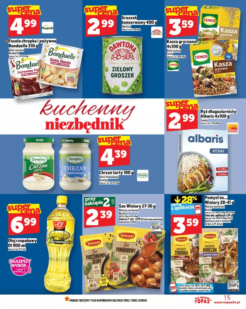 Gazetka promocyjna Topaz - Gazetka - ważna 20.11 do 26.11.2025 - strona 15 - produkty: Bonduelle, Cenos, Chrzan, Dawtona, Fa, Fasola, Groszek, Olej, Olej rzepakowy, Ryż, Ser, Sonko, Sos, Top, Winiary