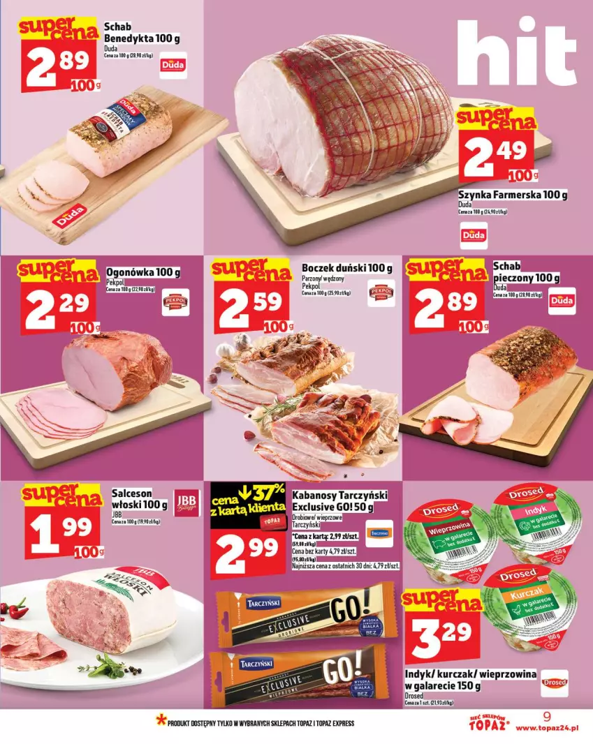Gazetka promocyjna Topaz - Gazetka - ważna 20.11 do 26.11.2025 - strona 9 - produkty: Boczek, Duda, Fa, Gala, Kurczak, Ogonówka, Salceson, Schab Benedykta, Szynka, Szynka farmerska, Tarczyński, Top, Wieprzowina