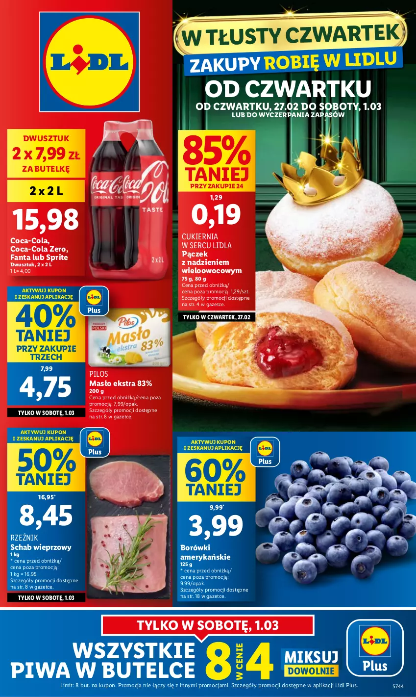 Gazetka promocyjna Lidl - GAZETKA - ważna 27.02 do 01.03.2025 - strona 1 - produkty: Coca-Cola, Cukier, Fa, Fanta, Masło, Pączek, Pilos, Piwa, Schab wieprzowy, Ser, Sprite