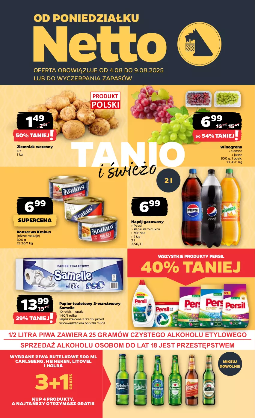 Gazetka promocyjna Netto - Od Poniedziałku - ważna 04.08 do 09.08.2025 - strona 1 - produkty: Carlsberg, Gra, Heineken, Krakus, Mirinda, Napój, Napój gazowany, Papier, Papier toaletowy, Pepsi, Persil, Piwa, Ser, Wino