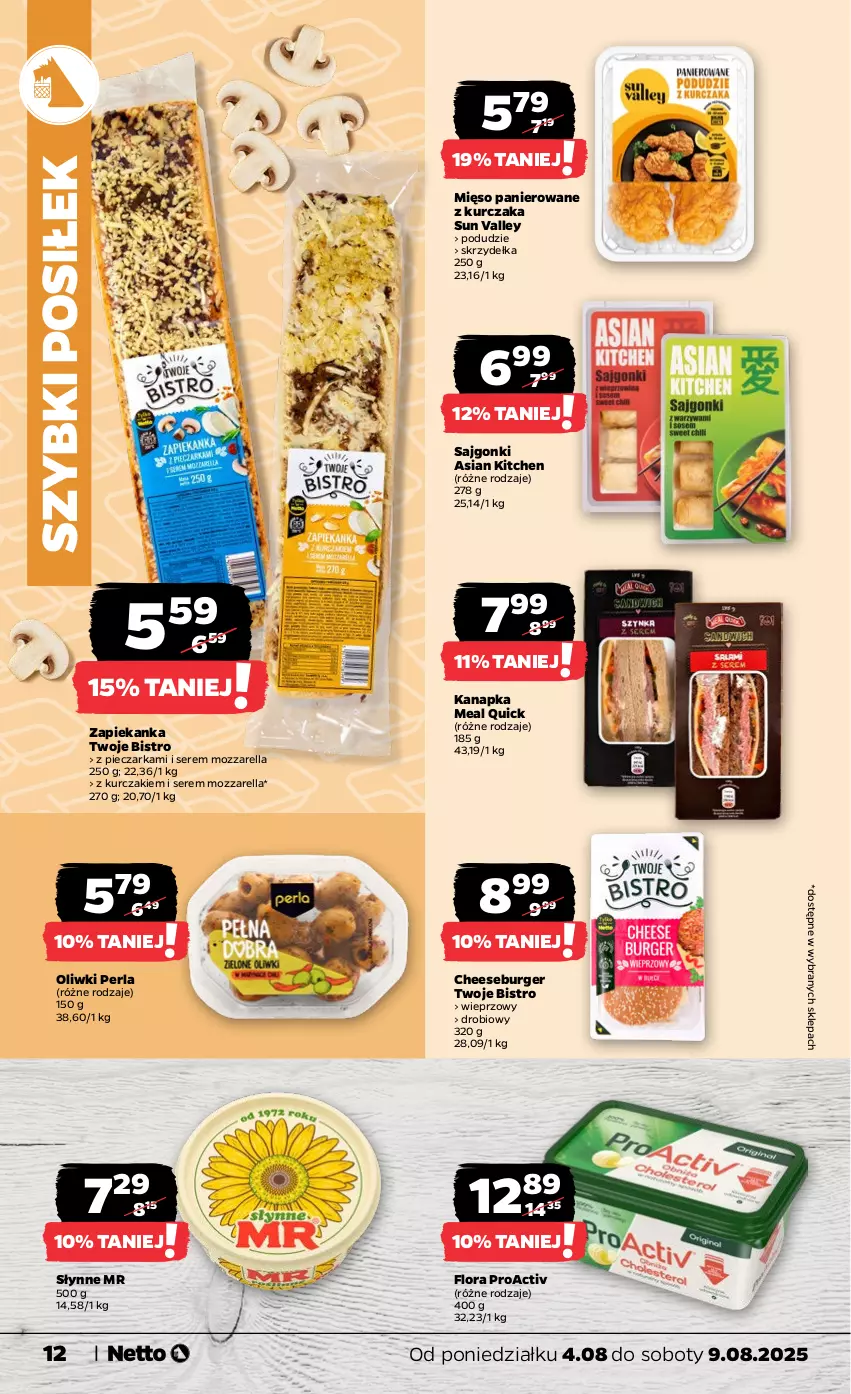 Gazetka promocyjna Netto - Od Poniedziałku - ważna 04.08 do 09.08.2025 - strona 12 - produkty: Burger, Flora, Kurczak, Mięso, Mozzarella, Oliwki, Piec, Pieczarka, Sajgonki, Ser, Słynne, Zapiekanka