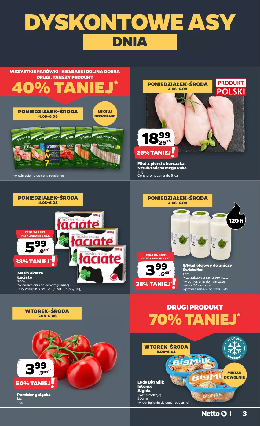 Gazetka promocyjna Netto - Od Poniedziałku - ważna 04.08 do 09.08.2025 - strona 3 - produkty: Algida, Big Milk, Kurczak, LG, Lody, Masło, Olej, Parówki, Wkład olejowy, Znicz