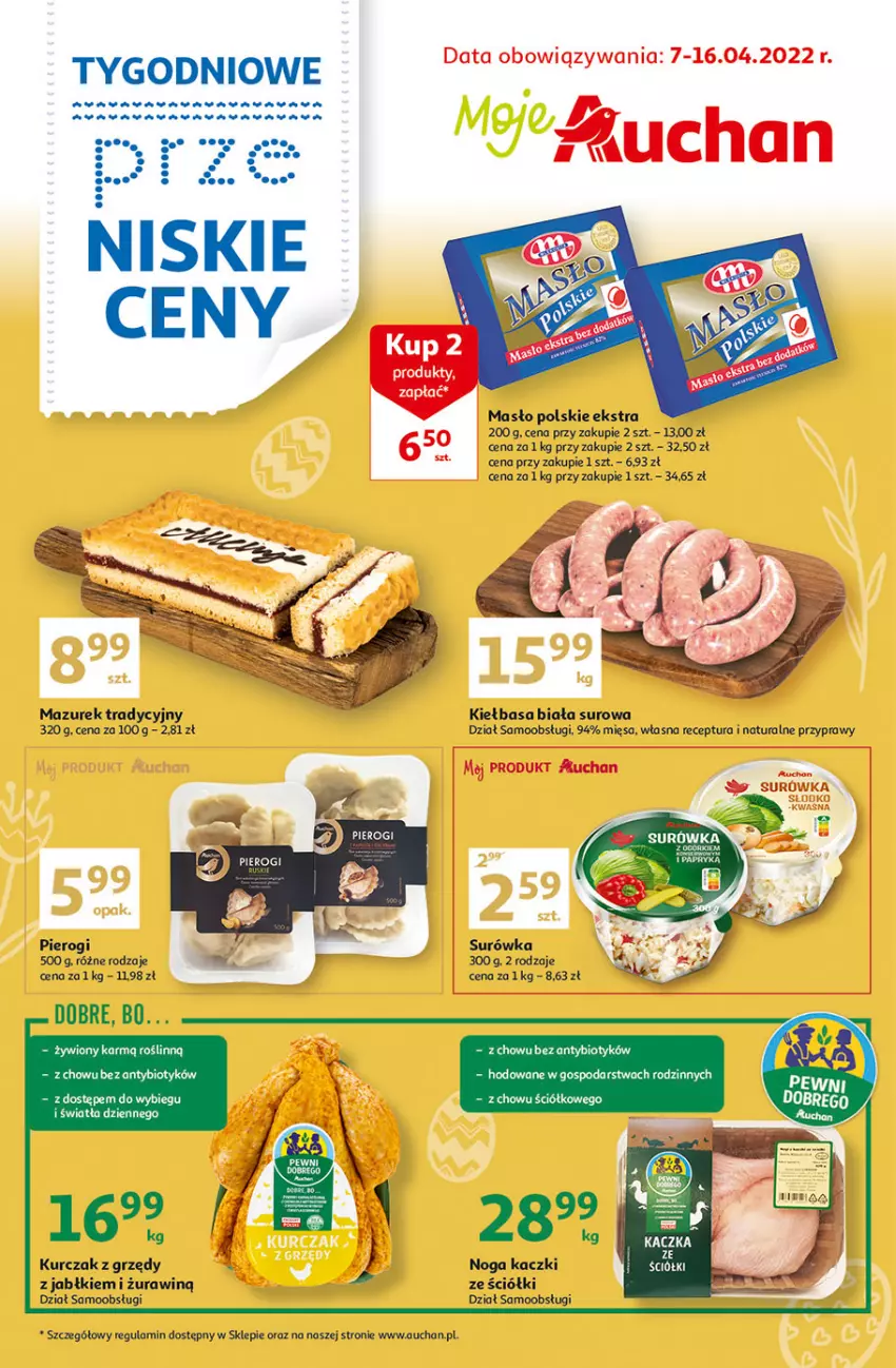 Gazetka promocyjna Auchan - Tygodniowe przeNISKIE CENY Moje Auchan - ważna 07.04 do 16.04.2022 - strona 1 - produkty: Fa, Kiełbasa, Kiełbasa biała, Kurczak, Masło, Pierogi, Przyprawy, Surówka