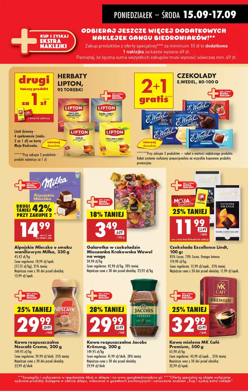 Gazetka promocyjna Biedronka - Od Poniedziałku - ważna 15.09 do 20.09.2025 - strona 13 - produkty: Czekolada, Earl Grey, Fa, Gala, Galaretka, Jacobs, Kawa, Kawa mielona, Kawa rozpuszczalna, Lindt, Milka, Mleczko, Por, Wawel