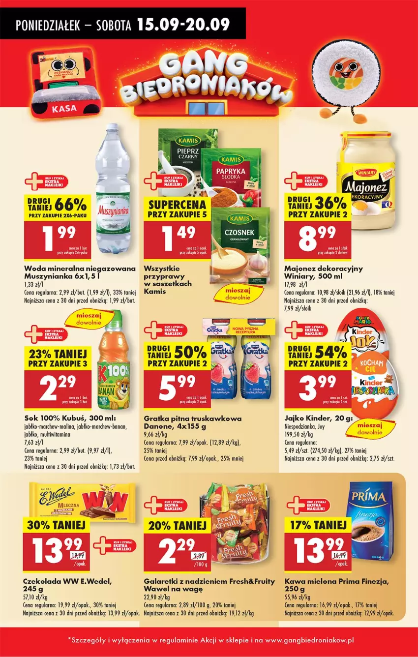 Gazetka promocyjna Biedronka - Od Poniedziałku - ważna 15.09 do 20.09.2025 - strona 14 - produkty: Czekolada, Danone, Dres, Gala, Galaretki, Gra, Kawa, Kawa mielona, Kinder, Kubuś, Majonez, Mus, Muszynianka, Prima, Przyprawy, Sok, Wawel, Winiary, Woda, Woda mineralna