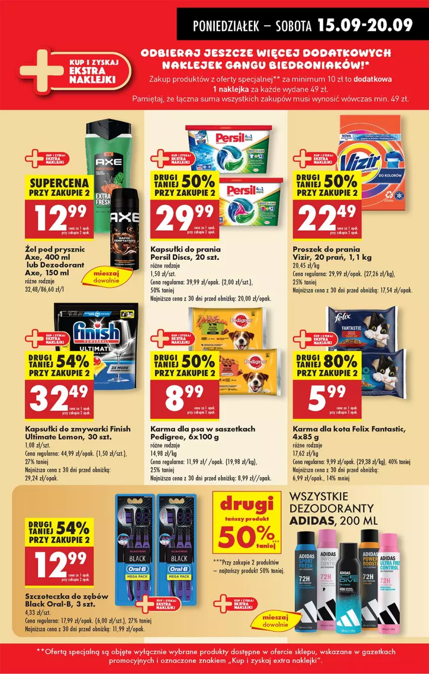 Gazetka promocyjna Biedronka - Od Poniedziałku - ważna 15.09 do 20.09.2025 - strona 15 - produkty: Adidas, Dezodorant, Fa, Fanta, Felix, Finish, Kapsułki do prania, Lack, Pedigree, Persil, Proszek do prania, Szczoteczka, Szczoteczka do zębów, Vizir, Zmywarki